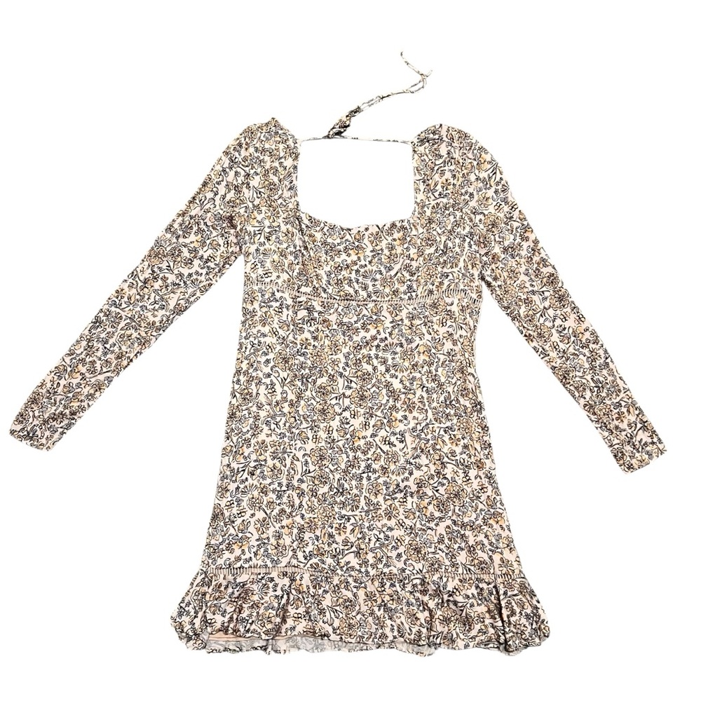 Free People Floral Square Neckline Open Back Cream Yellow Blue Mini Dress Size 6